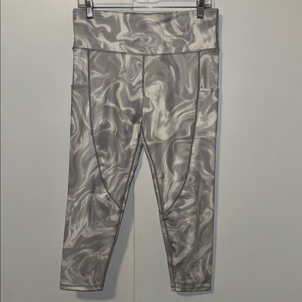 Reel Life Leggings w Side Pockets Crop Women's Size L Large Gray Marble Print